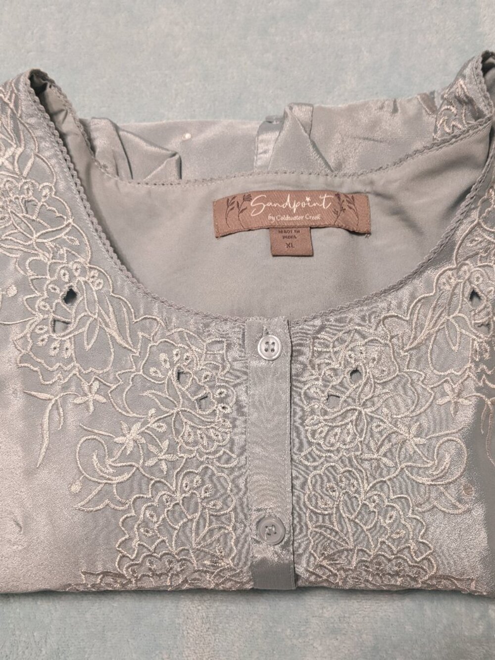 Sandpoint Coldwater Creek Dusty Blue Blouse XL Embroidered Prairie Cottagecore